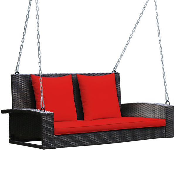 Solid steel chains ensure stable and safe swinging <br>Sturdy and anti-rust steel for long-time use <br>PE rattan surface is high-quality and weather resistant <br>2-seat design enhances communication with friends <br>2 back cushions and 1 seat cushion of