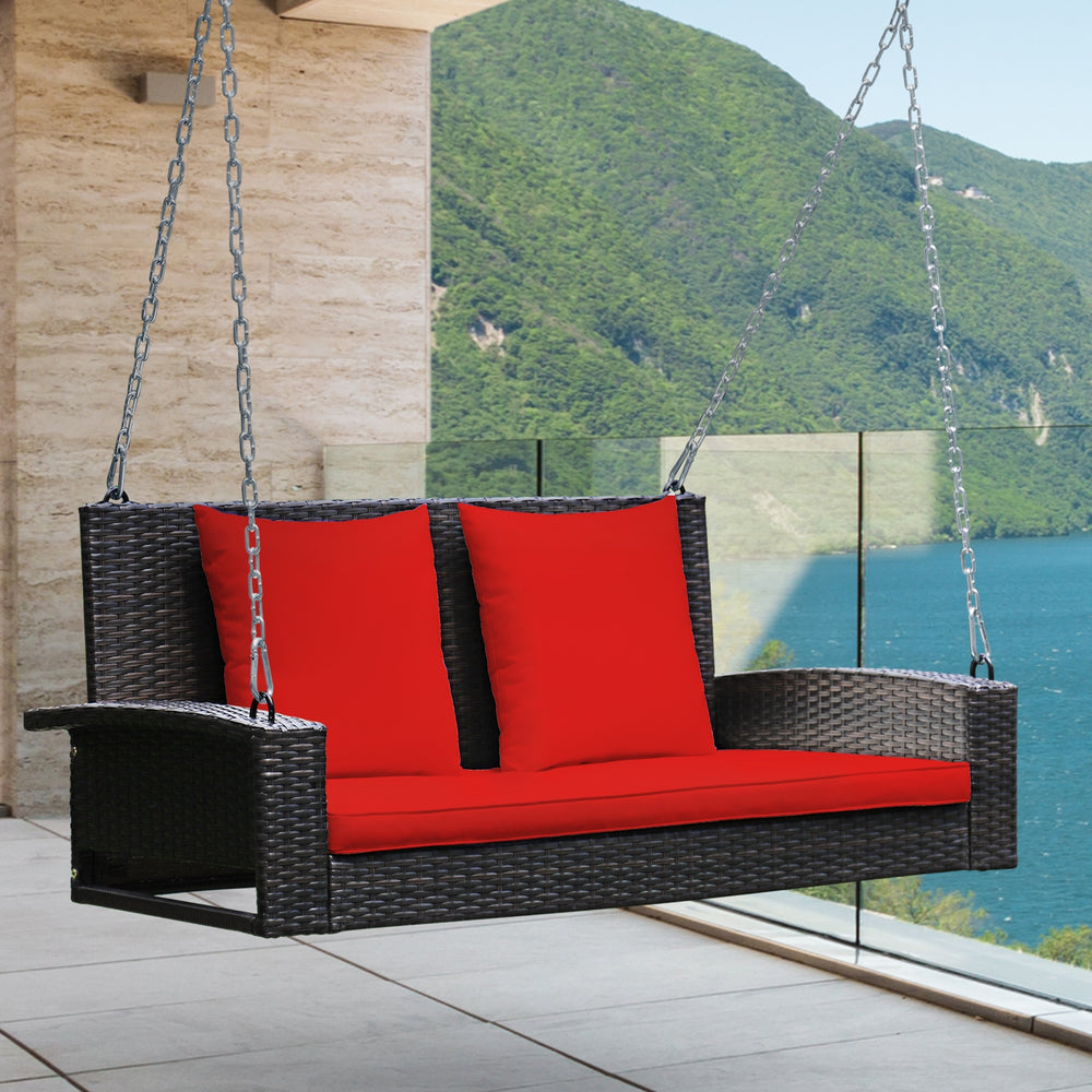 Solid steel chains ensure stable and safe swinging <br>Sturdy and anti-rust steel for long-time use <br>PE rattan surface is high-quality and weather resistant <br>2-seat design enhances communication with friends <br>2 back cushions and 1 seat cushion of