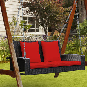 Solid steel chains ensure stable and safe swinging <br>Sturdy and anti-rust steel for long-time use <br>PE rattan surface is high-quality and weather resistant <br>2-seat design enhances communication with friends <br>2 back cushions and 1 seat cushion of