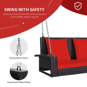Solid steel chains ensure stable and safe swinging <br>Sturdy and anti-rust steel for long-time use <br>PE rattan surface is high-quality and weather resistant <br>2-seat design enhances communication with friends <br>2 back cushions and 1 seat cushion of