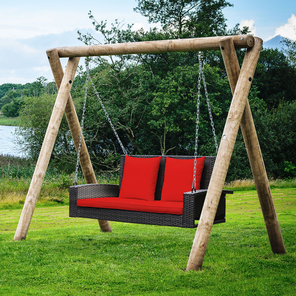 Solid steel chains ensure stable and safe swinging <br>Sturdy and anti-rust steel for long-time use <br>PE rattan surface is high-quality and weather resistant <br>2-seat design enhances communication with friends <br>2 back cushions and 1 seat cushion of