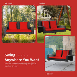 Solid steel chains ensure stable and safe swinging <br>Sturdy and anti-rust steel for long-time use <br>PE rattan surface is high-quality and weather resistant <br>2-seat design enhances communication with friends <br>2 back cushions and 1 seat cushion of