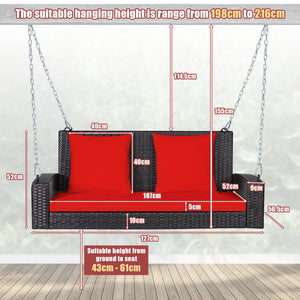 Solid steel chains ensure stable and safe swinging <br>Sturdy and anti-rust steel for long-time use <br>PE rattan surface is high-quality and weather resistant <br>2-seat design enhances communication with friends <br>2 back cushions and 1 seat cushion of