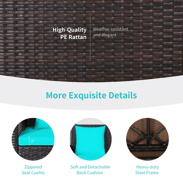 Solid steel chains ensure stable and safe swinging <br>Sturdy and anti-rust steel for long-time use <br>PE rattan surface is high-quality and weather resistant <br>2-seat design enhances communication with friends <br>2 back cushions and 1 seat cushion of