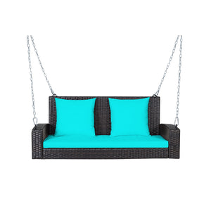 Solid steel chains ensure stable and safe swinging <br>Sturdy and anti-rust steel for long-time use <br>PE rattan surface is high-quality and weather resistant <br>2-seat design enhances communication with friends <br>2 back cushions and 1 seat cushion of