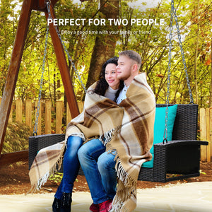 Solid steel chains ensure stable and safe swinging <br>Sturdy and anti-rust steel for long-time use <br>PE rattan surface is high-quality and weather resistant <br>2-seat design enhances communication with friends <br>2 back cushions and 1 seat cushion of