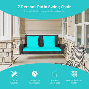 Solid steel chains ensure stable and safe swinging <br>Sturdy and anti-rust steel for long-time use <br>PE rattan surface is high-quality and weather resistant <br>2-seat design enhances communication with friends <br>2 back cushions and 1 seat cushion of