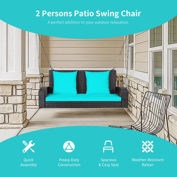 Solid steel chains ensure stable and safe swinging <br>Sturdy and anti-rust steel for long-time use <br>PE rattan surface is high-quality and weather resistant <br>2-seat design enhances communication with friends <br>2 back cushions and 1 seat cushion of