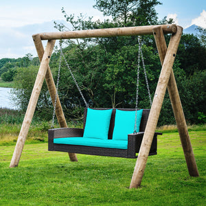 Solid steel chains ensure stable and safe swinging <br>Sturdy and anti-rust steel for long-time use <br>PE rattan surface is high-quality and weather resistant <br>2-seat design enhances communication with friends <br>2 back cushions and 1 seat cushion of