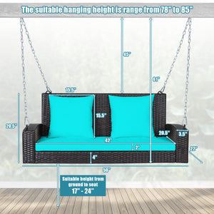 Solid steel chains ensure stable and safe swinging <br>Sturdy and anti-rust steel for long-time use <br>PE rattan surface is high-quality and weather resistant <br>2-seat design enhances communication with friends <br>2 back cushions and 1 seat cushion of