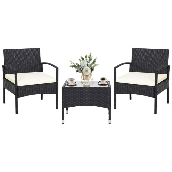 Durable and sturdy rattan and steel materials for long service time <br>Thick sponged cushion is soft and the cover is washable <br>Weatherproof materials ensure the furniture set is placed outside all year around <br>The coffee table has a tempered glass