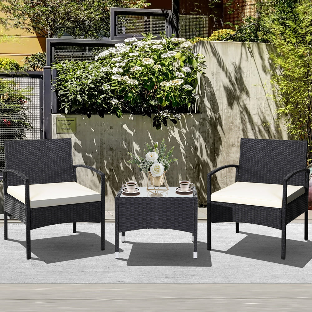 Durable and sturdy rattan and steel materials for long service time <br>Thick sponged cushion is soft and the cover is washable <br>Weatherproof materials ensure the furniture set is placed outside all year around <br>The coffee table has a tempered glass