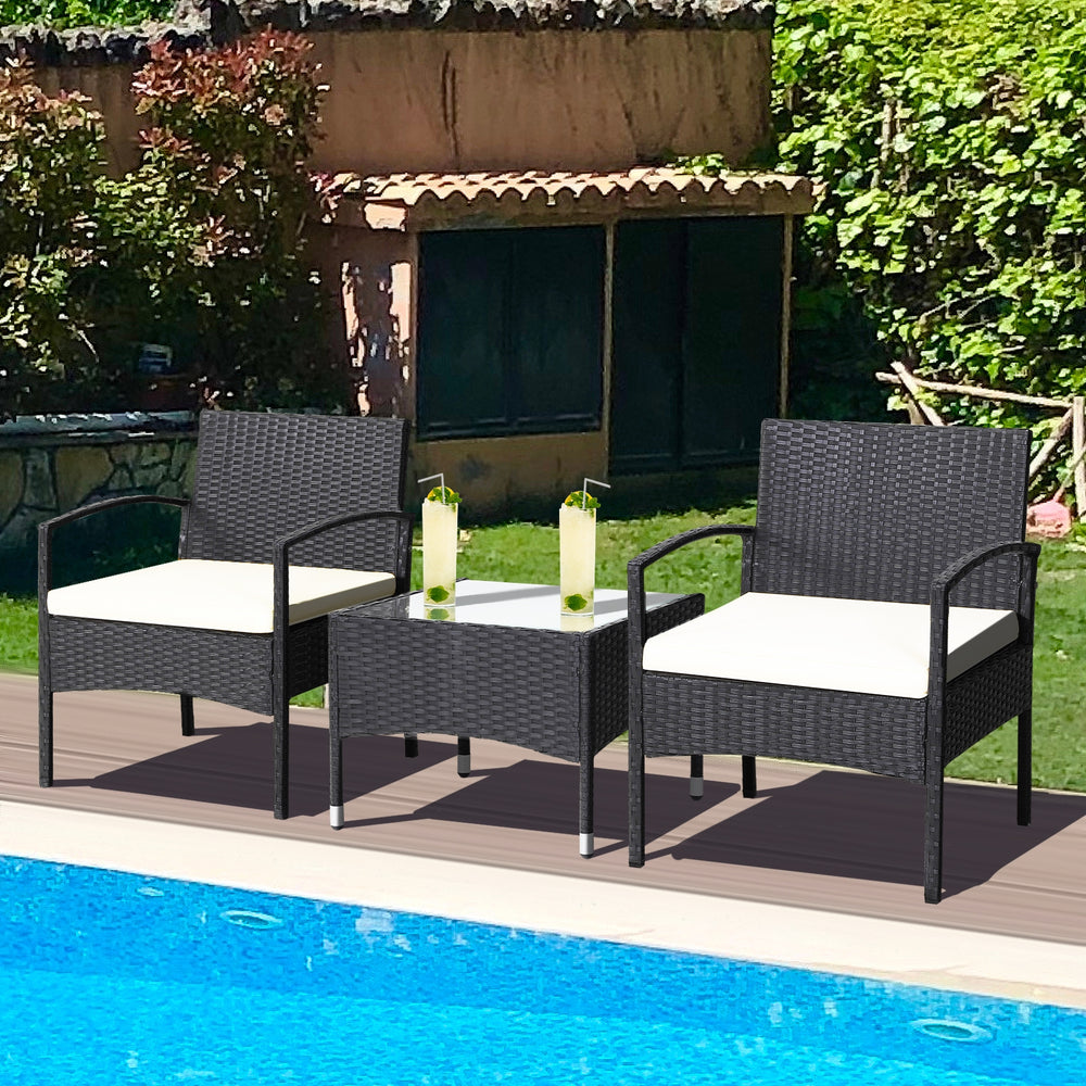 Durable and sturdy rattan and steel materials for long service time <br>Thick sponged cushion is soft and the cover is washable <br>Weatherproof materials ensure the furniture set is placed outside all year around <br>The coffee table has a tempered glass