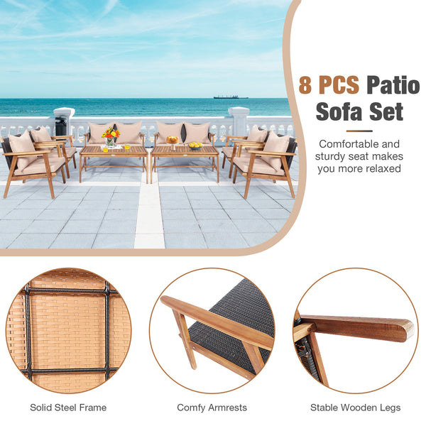 Including 2 x Single sofa  1 x Loveseat  1 x Coffee table  4 x Seat cushion  4 x Back cushion  1 x User guide<br>Hand-woven rattan is breathable and comfortable<br>Thick and soft cushions will provide you excellent comfort<br>Cover with the zipper of the 