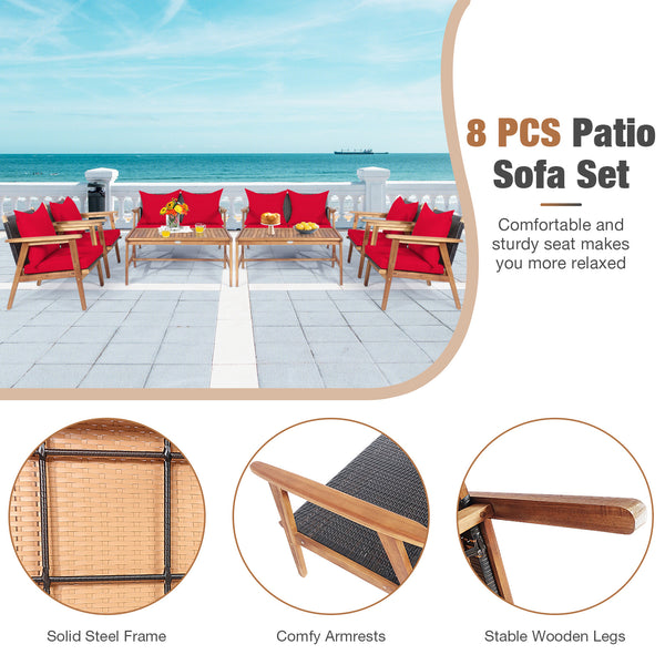 Including 2 x Single sofa  1 x Loveseat  1 x Coffee table  4 x Seat cushion  4 x Back cushion  1 x User guide<br>Hand-woven rattan is breathable and comfortable<br>Thick and soft cushions will provide you excellent comfort<br>Cover with the zipper of the 