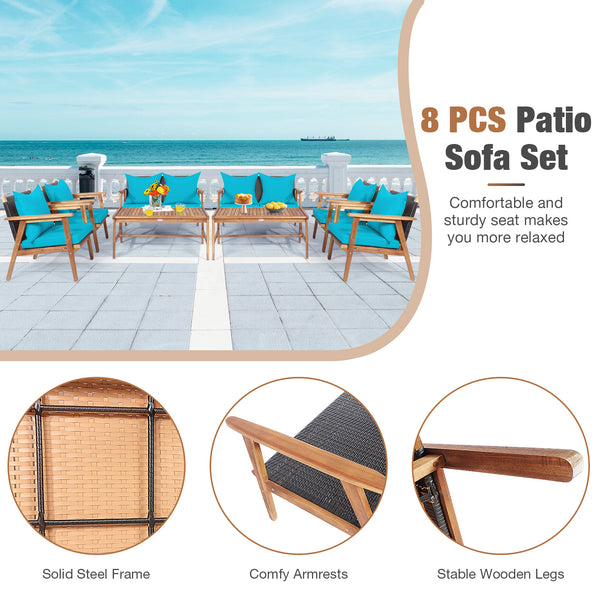 Including 2 x Single sofa  1 x Loveseat  1 x Coffee table  4 x Seat cushion  4 x Back cushion  1 x User guide<br>Hand-woven rattan is breathable and comfortable<br>Thick and soft cushions will provide you excellent comfort<br>Cover with the zipper of the 