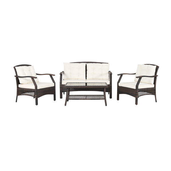 Are you looking for a comfortable sofa set for your outdoor leisure time? If so  this 4-piece patio furniture set will be a perfect choice for you. Â  High-quality PE rattan and sturdy steel frame feature outstanding sturdiness and durability  which can s