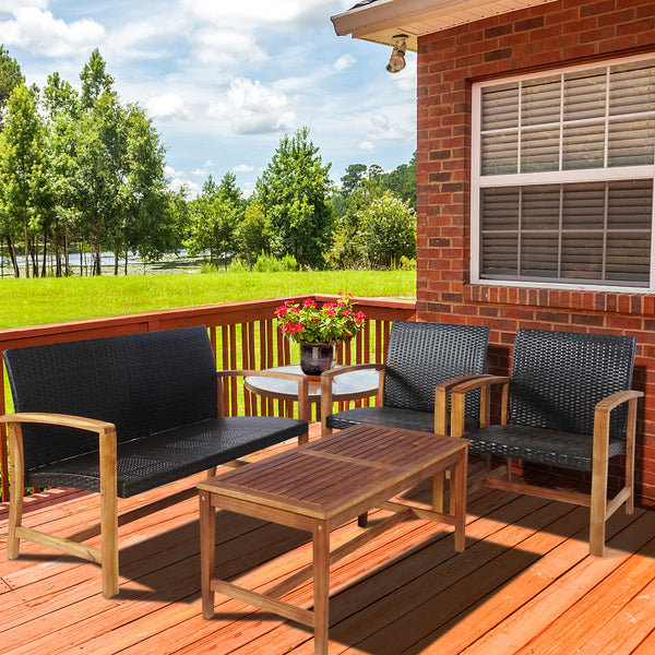 Shipped in 2 separate boxes  may arrive on different days <br>Solid acacia wood and heavy-duty steel frame for strong stability <br>Ensure durability for outdoor use with weather-resistant mix of brown PE rattan <br>Ergonomic backrest and slightly curved 