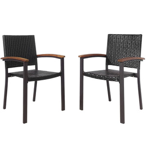 Stackable design for space saving <br>Lightweight design for easy transport <br>Handpicked PE rattan for durability and weather resistance <br>Steel frame for rustproof and strong load bearing of 400 lbs each chair <br>Curved acacia wood armrests for arms