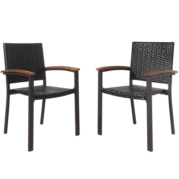 Stackable design for space saving <br>Lightweight design for easy transport <br>Handpicked PE rattan for durability and weather resistance <br>Steel frame for rustproof and strong load bearing of 400 lbs each chair <br>Curved acacia wood armrests for arms