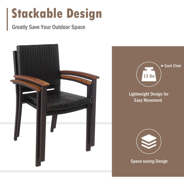 Stackable design for space saving <br>Lightweight design for easy transport <br>Handpicked PE rattan for durability and weather resistance <br>Steel frame for rustproof and strong load bearing of 400 lbs each chair <br>Curved acacia wood armrests for arms