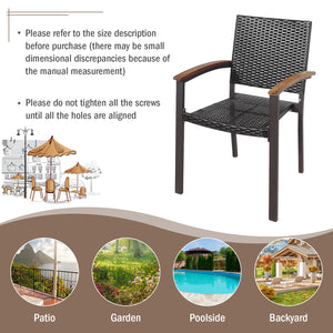 Stackable design for space saving <br>Lightweight design for easy transport <br>Handpicked PE rattan for durability and weather resistance <br>Steel frame for rustproof and strong load bearing of 400 lbs each chair <br>Curved acacia wood armrests for arms