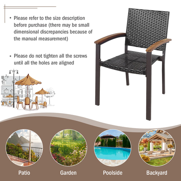 Stackable design for space saving <br>Lightweight design for easy transport <br>Handpicked PE rattan for durability and weather resistance <br>Steel frame for rustproof and strong load bearing of 400 lbs each chair <br>Curved acacia wood armrests for arms