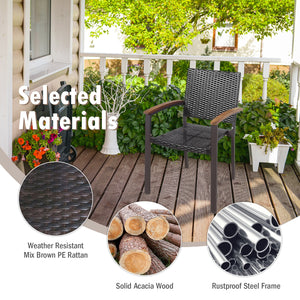 Stackable design for space saving <br>Lightweight design for easy transport <br>Handpicked PE rattan for durability and weather resistance <br>Steel frame for rustproof and strong load bearing of 400 lbs each chair <br>Curved acacia wood armrests for arms