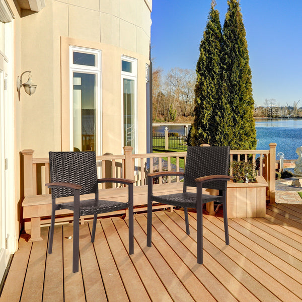 Stackable design for space saving <br>Lightweight design for easy transport <br>Handpicked PE rattan for durability and weather resistance <br>Steel frame for rustproof and strong load bearing of 400 lbs each chair <br>Curved acacia wood armrests for arms