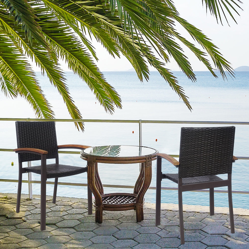 Stackable design for space saving <br>Lightweight design for easy transport <br>Handpicked PE rattan for durability and weather resistance <br>Steel frame for rustproof and strong load bearing of 400 lbs each chair <br>Curved acacia wood armrests for arms