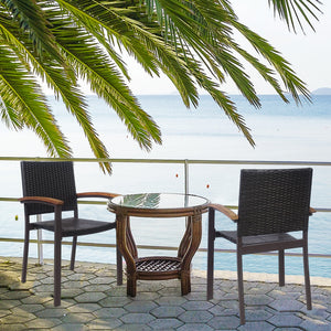 Stackable design for space saving <br>Lightweight design for easy transport <br>Handpicked PE rattan for durability and weather resistance <br>Steel frame for rustproof and strong load bearing of 400 lbs each chair <br>Curved acacia wood armrests for arms
