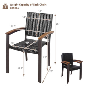 Stackable design for space saving <br>Lightweight design for easy transport <br>Handpicked PE rattan for durability and weather resistance <br>Steel frame for rustproof and strong load bearing of 400 lbs each chair <br>Curved acacia wood armrests for arms