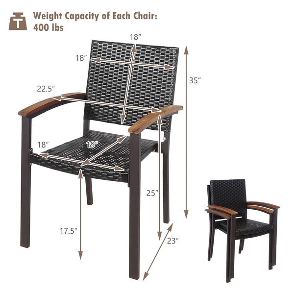 Stackable design for space saving <br>Lightweight design for easy transport <br>Handpicked PE rattan for durability and weather resistance <br>Steel frame for rustproof and strong load bearing of 400 lbs each chair <br>Curved acacia wood armrests for arms
