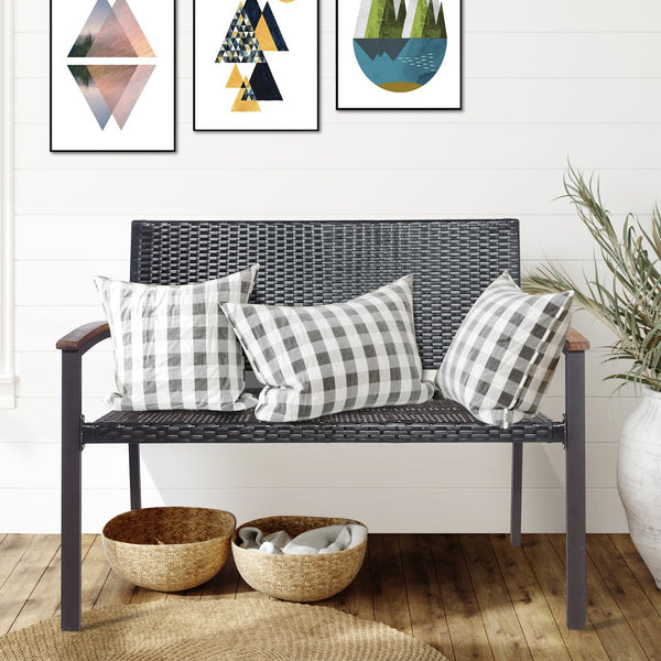 Made of weather-resistant PE rattan and powder-coated steel frame  the outdoor PE rattan bench is durable and sturdy. Â  Moreover  the bottom sturdy structure and anti-slip foot pads bring extra stability. In addition  the high and wide back  as well as t
