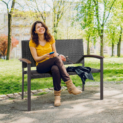 Made of weather-resistant PE rattan and powder-coated steel frame  the outdoor PE rattan bench is durable and sturdy. Â  Moreover  the bottom sturdy structure and anti-slip foot pads bring extra stability. In addition  the high and wide back  as well as t