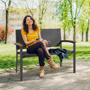 Made of weather-resistant PE rattan and powder-coated steel frame  the outdoor PE rattan bench is durable and sturdy. Â  Moreover  the bottom sturdy structure and anti-slip foot pads bring extra stability. In addition  the high and wide back  as well as t