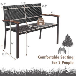 Made of weather-resistant PE rattan and powder-coated steel frame  the outdoor PE rattan bench is durable and sturdy. Â  Moreover  the bottom sturdy structure and anti-slip foot pads bring extra stability. In addition  the high and wide back  as well as t