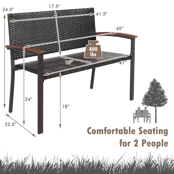 Made of weather-resistant PE rattan and powder-coated steel frame  the outdoor PE rattan bench is durable and sturdy. Â  Moreover  the bottom sturdy structure and anti-slip foot pads bring extra stability. In addition  the high and wide back  as well as t