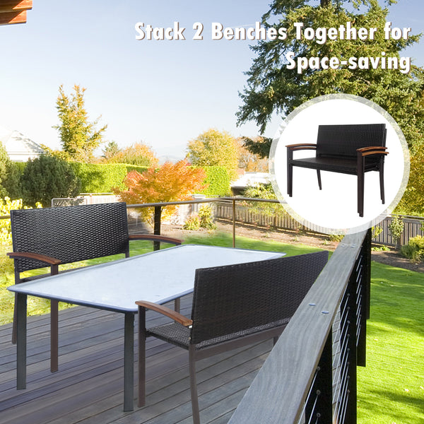 Made of weather-resistant PE rattan and powder-coated steel frame  the outdoor PE rattan bench is durable and sturdy. Â  Moreover  the bottom sturdy structure and anti-slip foot pads bring extra stability. In addition  the high and wide back  as well as t