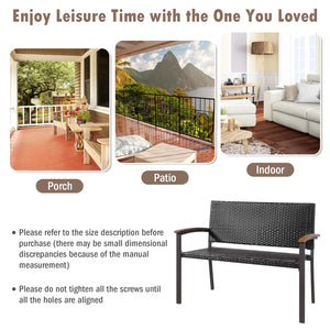 Made of weather-resistant PE rattan and powder-coated steel frame  the outdoor PE rattan bench is durable and sturdy. Â  Moreover  the bottom sturdy structure and anti-slip foot pads bring extra stability. In addition  the high and wide back  as well as t