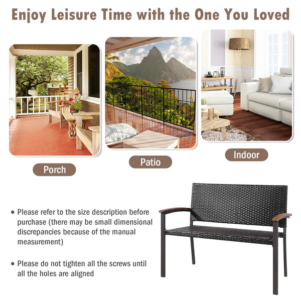 Made of weather-resistant PE rattan and powder-coated steel frame  the outdoor PE rattan bench is durable and sturdy. Â  Moreover  the bottom sturdy structure and anti-slip foot pads bring extra stability. In addition  the high and wide back  as well as t