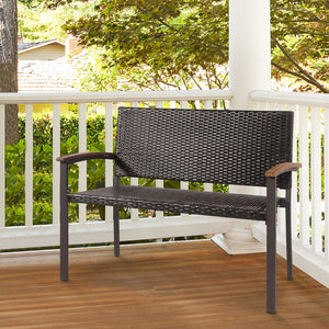 Made of weather-resistant PE rattan and powder-coated steel frame  the outdoor PE rattan bench is durable and sturdy. Â  Moreover  the bottom sturdy structure and anti-slip foot pads bring extra stability. In addition  the high and wide back  as well as t