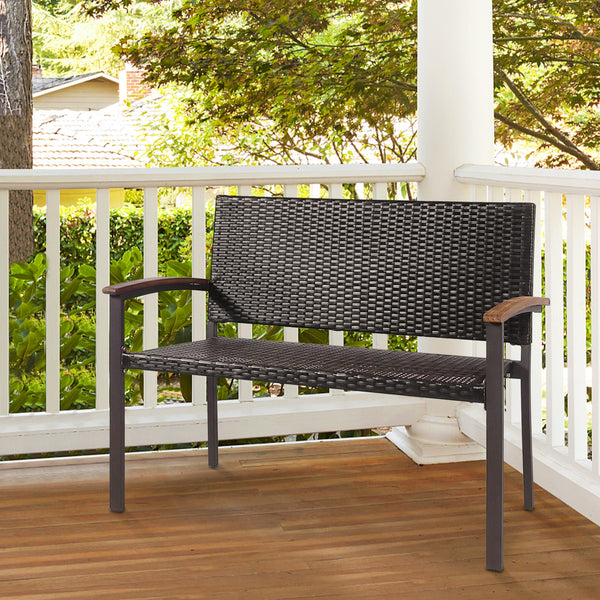 Made of weather-resistant PE rattan and powder-coated steel frame  the outdoor PE rattan bench is durable and sturdy. Â  Moreover  the bottom sturdy structure and anti-slip foot pads bring extra stability. In addition  the high and wide back  as well as t