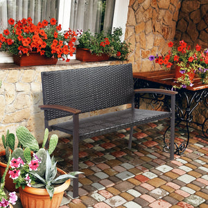 Made of weather-resistant PE rattan and powder-coated steel frame  the outdoor PE rattan bench is durable and sturdy. Â  Moreover  the bottom sturdy structure and anti-slip foot pads bring extra stability. In addition  the high and wide back  as well as t