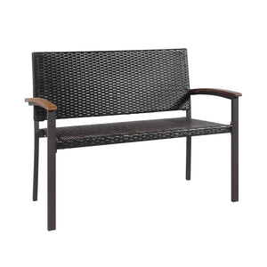 Made of weather-resistant PE rattan and powder-coated steel frame  the outdoor PE rattan bench is durable and sturdy. Â  Moreover  the bottom sturdy structure and anti-slip foot pads bring extra stability. In addition  the high and wide back  as well as t