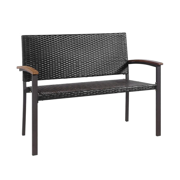 Made of weather-resistant PE rattan and powder-coated steel frame  the outdoor PE rattan bench is durable and sturdy. Â  Moreover  the bottom sturdy structure and anti-slip foot pads bring extra stability. In addition  the high and wide back  as well as t