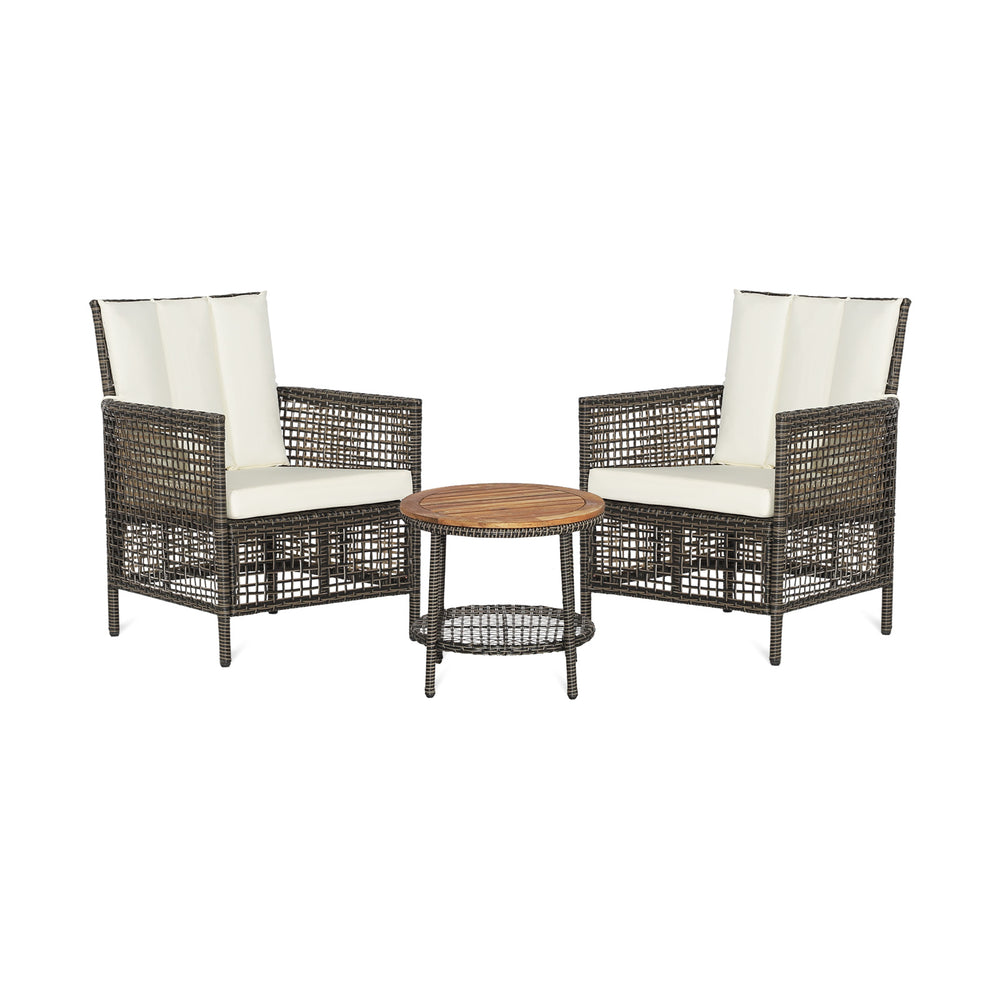 Come to have a satisfying relax with the 3-piece patio rattan sofa set. Â  The ergonomic seat with cozy backrest and curved armrests will make you fully relaxed and get rid of your tiredness and stress. The soft seat and back cushions make the seat more c