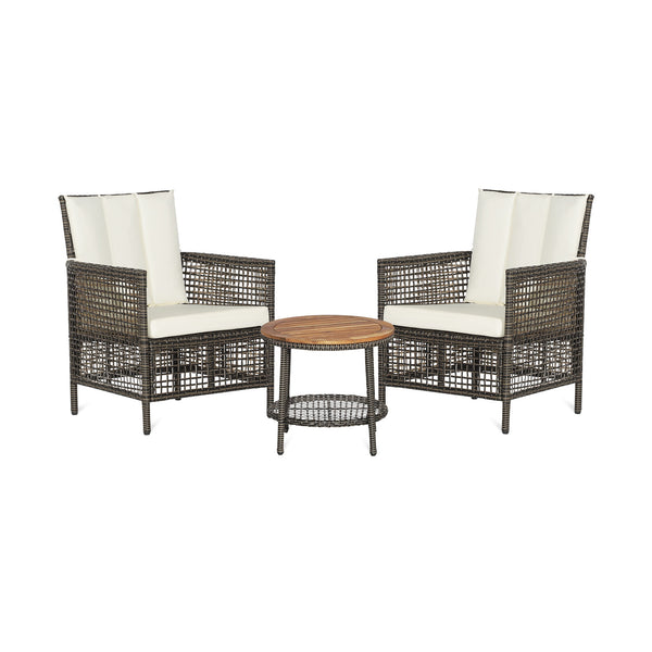 Come to have a satisfying relax with the 3-piece patio rattan sofa set. Â  The ergonomic seat with cozy backrest and curved armrests will make you fully relaxed and get rid of your tiredness and stress. The soft seat and back cushions make the seat more c