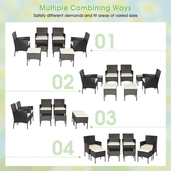 Including 4 Single chairs  2 Ottomans  2 Coffee tables  4 Single chair cushions  2 Ottoman cushions and Instruction<br>Will be shipped in 2 boxes so the arriving time may be different<br>Screw bag for the whole set is in box 1<br>Please avoid rain exposur