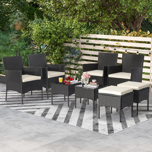 Including 4 Single chairs  2 Ottomans  2 Coffee tables  4 Single chair cushions  2 Ottoman cushions and Instruction<br>Will be shipped in 2 boxes so the arriving time may be different<br>Screw bag for the whole set is in box 1<br>Please avoid rain exposur